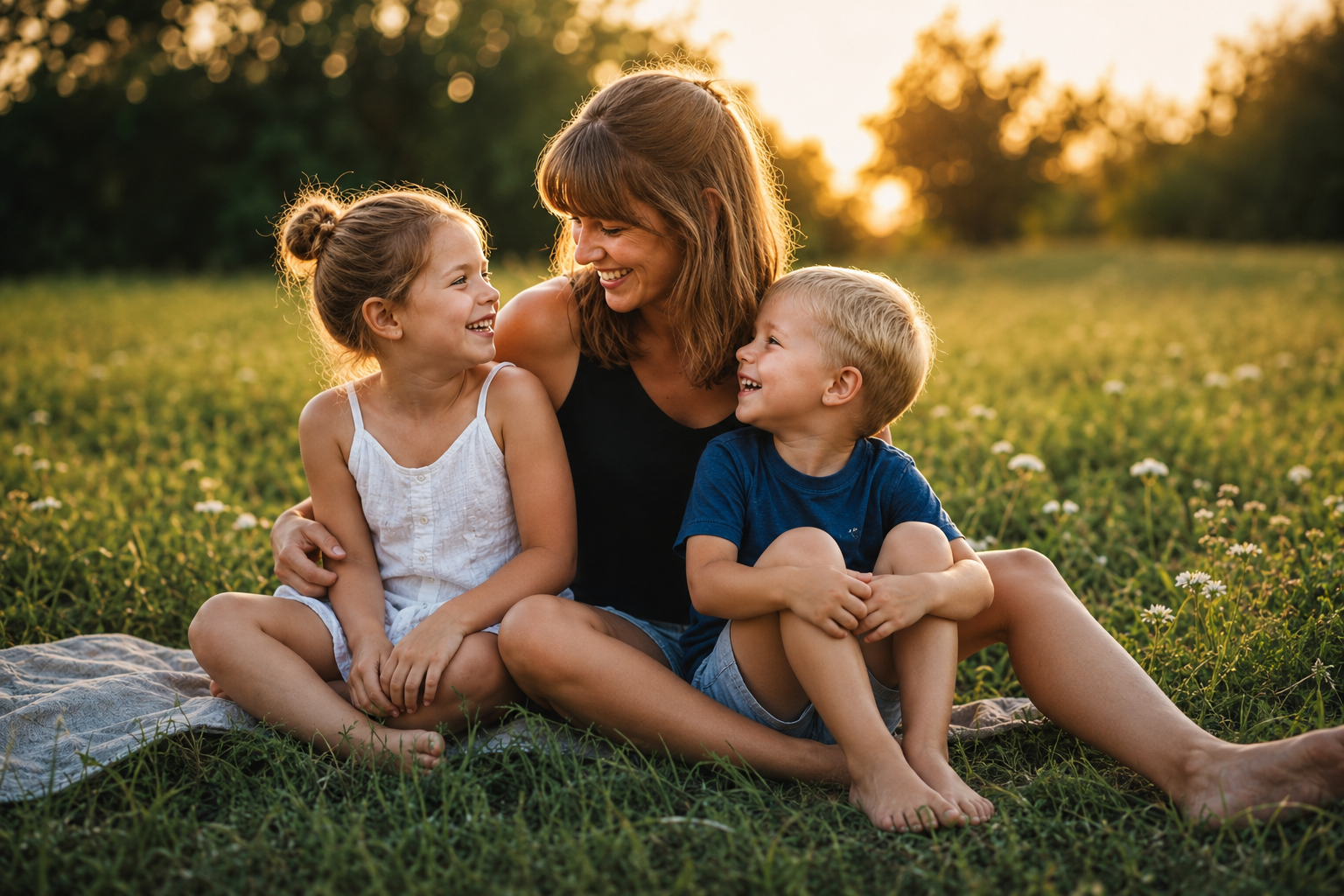 Mutter sitzt lachend mit ihren beiden Kindern in der Abendsonne auf einer Wiese