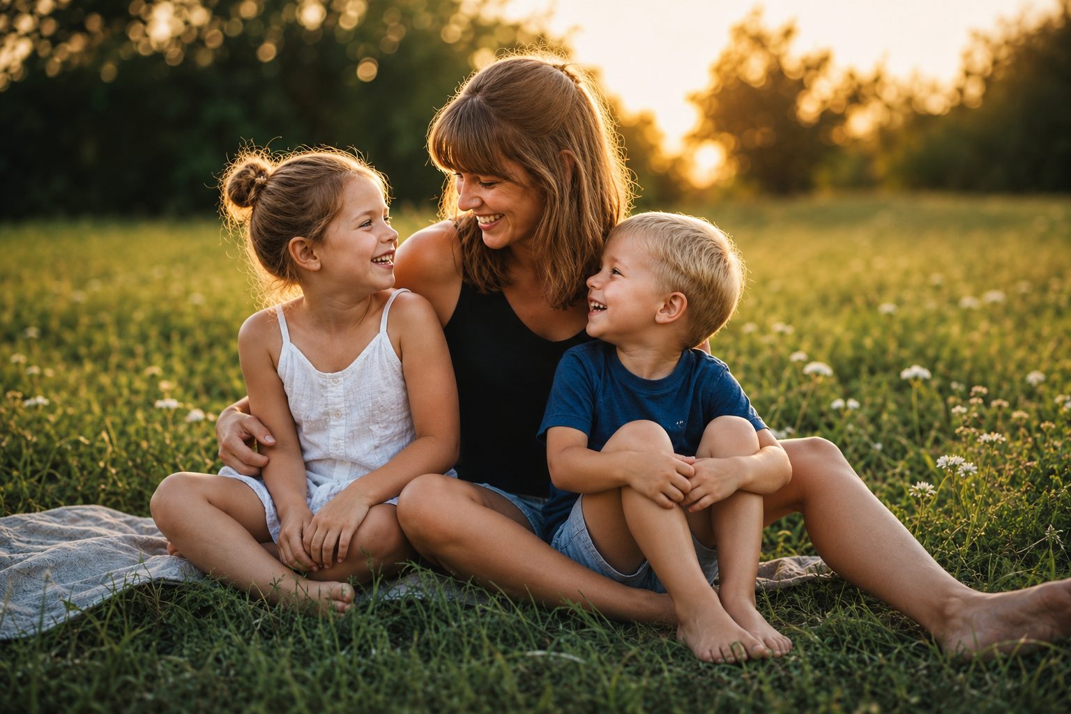 Mutter sitzt lachend mit ihren beiden Kindern in der Abendsonne auf einer Wiese